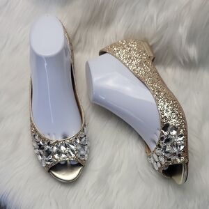 JEWEL BADGLEY MISCKA Gold Glitter Peep-Toe Rhinestone Wedding Bridal Party Flats